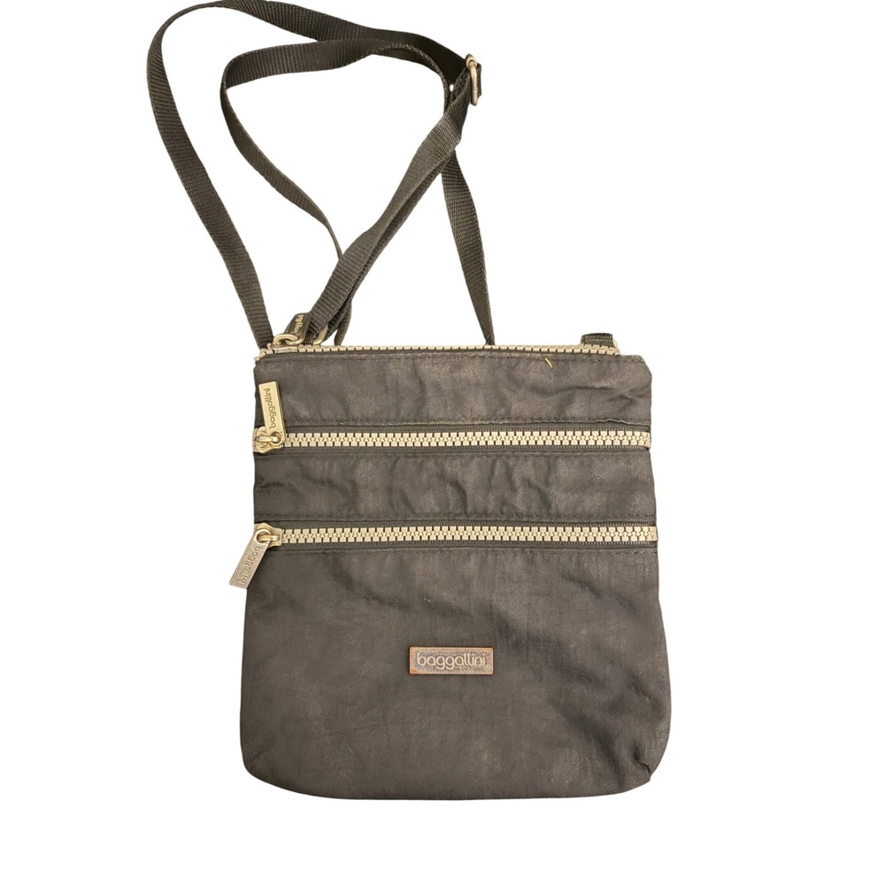 Baggallini Black Nylon Slim Crossbody Bag‎ with Multiple Zip Pockets Organizer